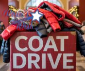 Red and white flyer for the Rosie's Wish Coat Drive, featuring the text "COAT DRIVE" in large letters and a graphic of a coat.