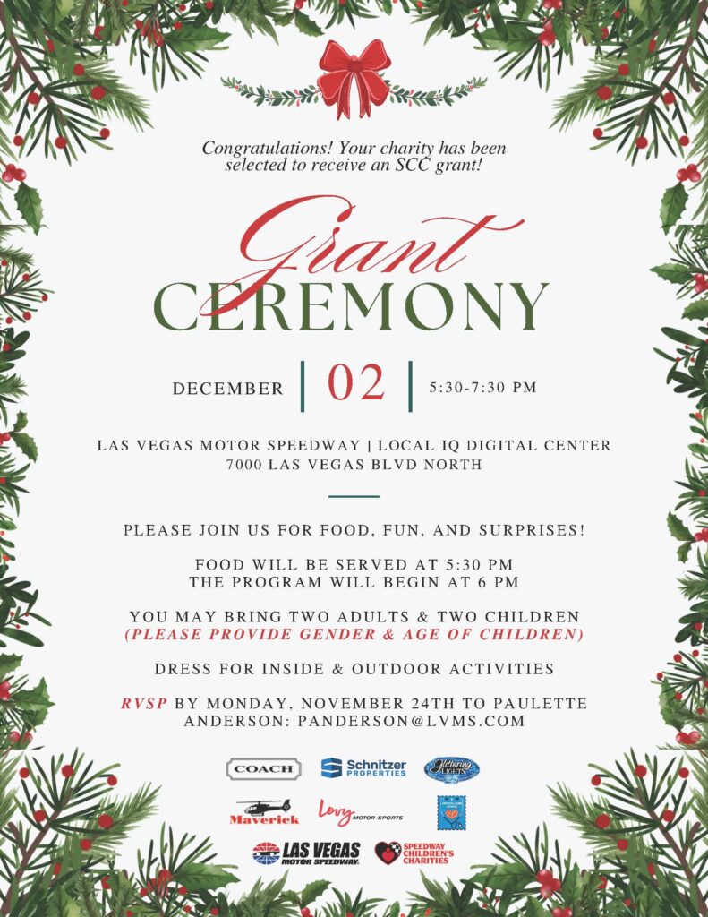 Invitation for the Grant Ceremony on December 02, featuring a festive Christmas border of greenery and a red bow.
