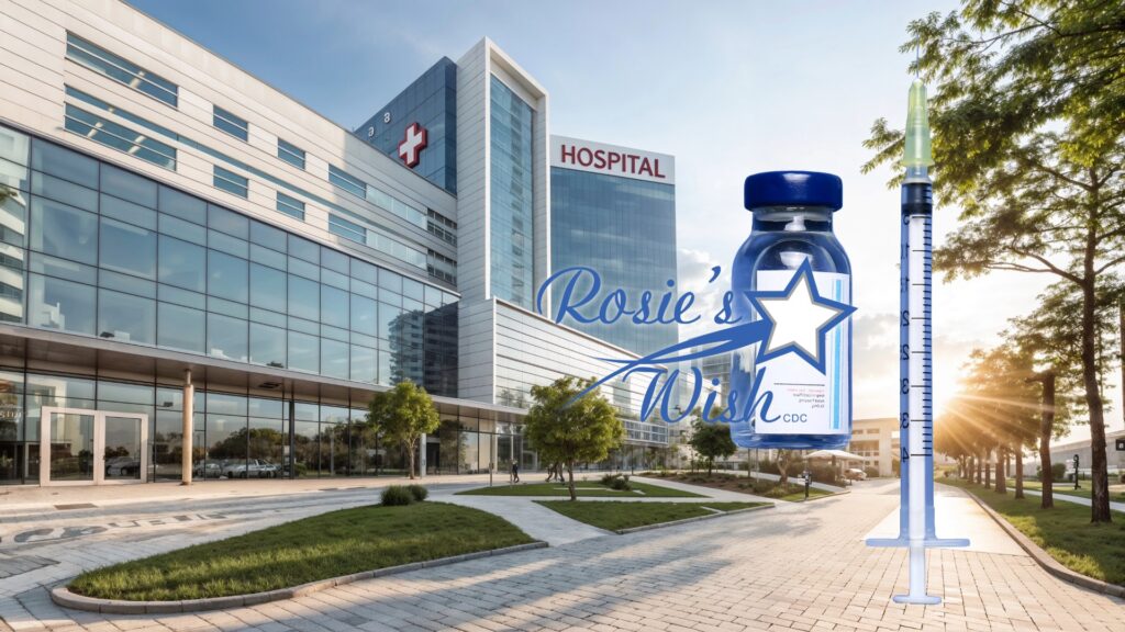 Hospital building exterior with a blue sky, illustrating the partnership where Rosie's Wish provides Insulin to Sunrise Hospital patients.